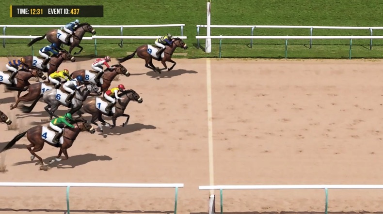 Virtual horse racing crossing the finish line