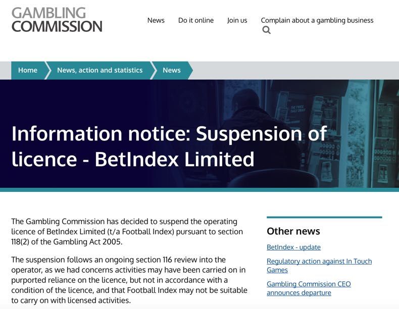 UKGC Football Index Note of Suspension